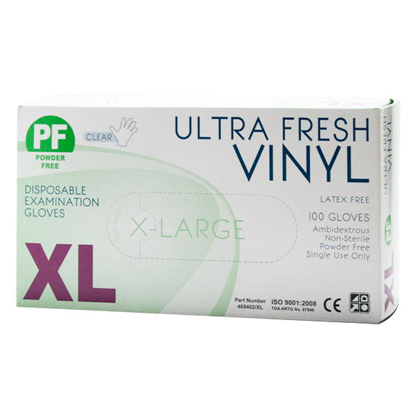 Ultra Fresh Clear Vinyl POWDERFREE Gloves - EXTRA LARGE PKT 100